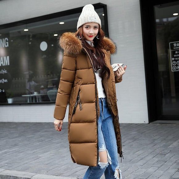 Winter Women's Fashion Zipper Hooded Female Long Slim Down Jacket