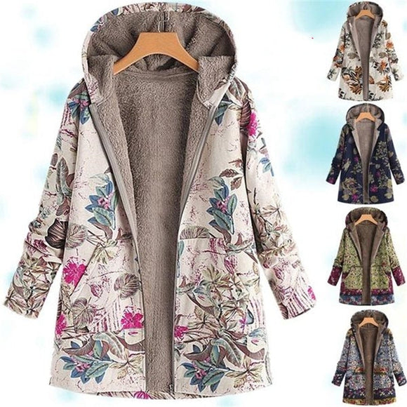 Women Winter Warm Floral Hooded Coats