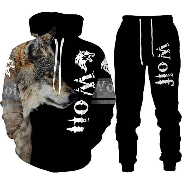 3D Wolf Printed Hoodie + Pants Sweat Suit