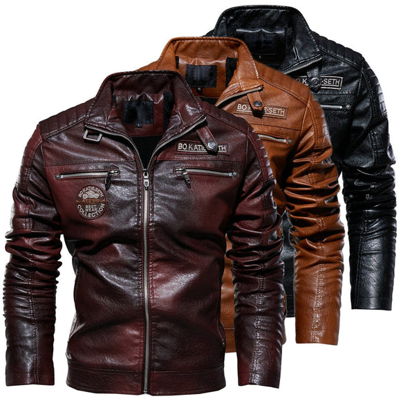 Men Slim Biker Fleece Leather Jacket 7XL