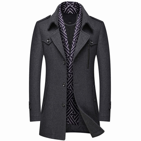 Men Thicken Woolen Collar Mid-length Coat