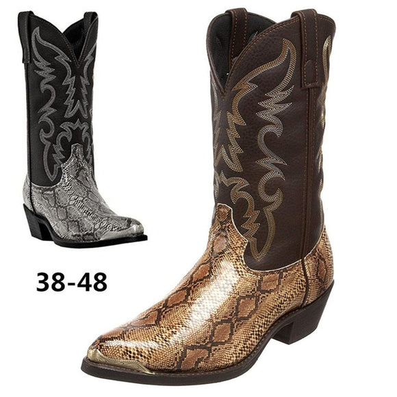 Men Snake Lines Leather Western Cowboy Boots