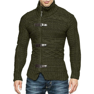 Men High Neck Leather Buckle Knitted Sweater