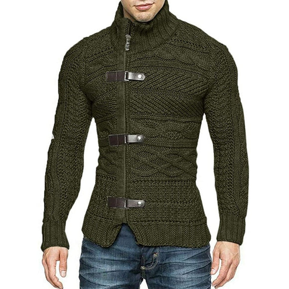 Men High Neck Leather Buckle Knitted Sweater