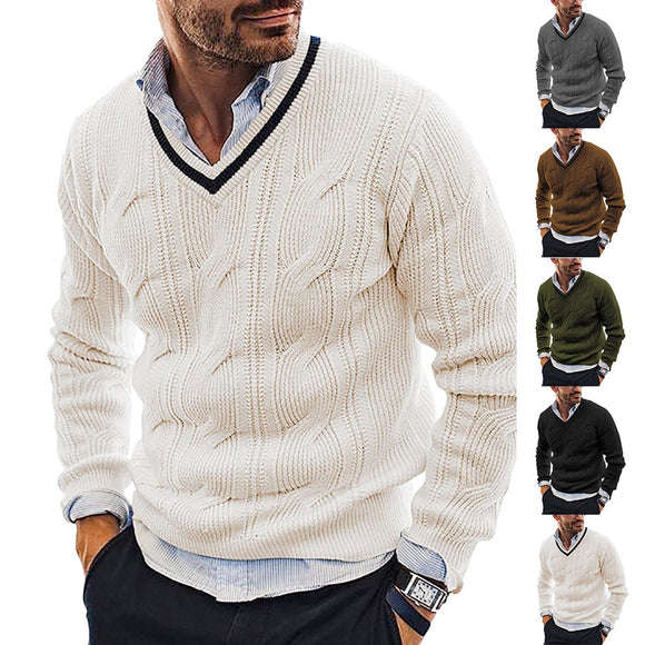 Men Long Sleeve V-Neck Knit Sweater