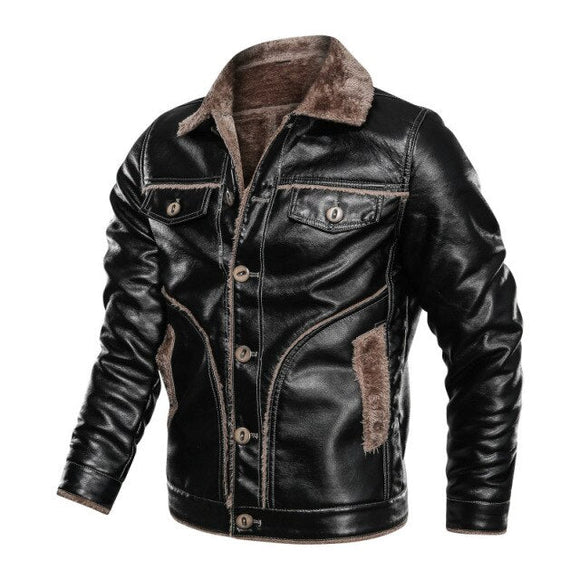 Mens Faux Fur Collar Warm Leather Jackets 8XL