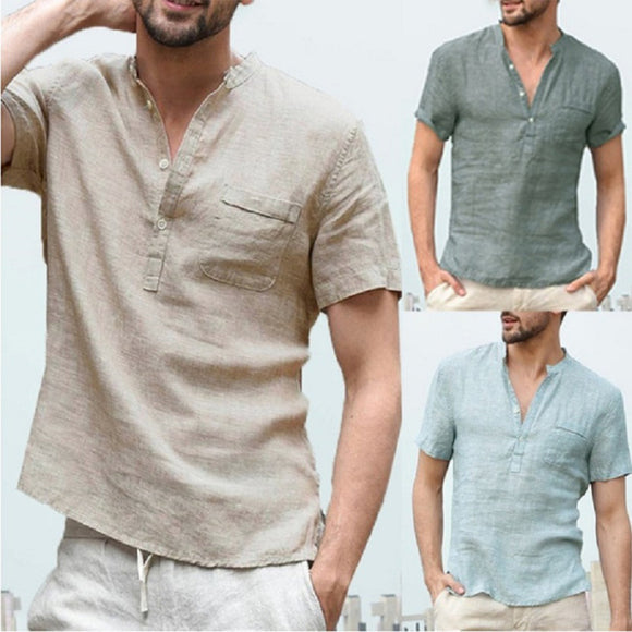 Men Simple Linen Short Loose Shirt