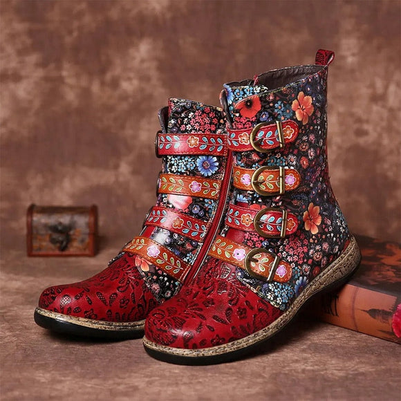 Women Retro Printed Metal Buckle Leather Boots